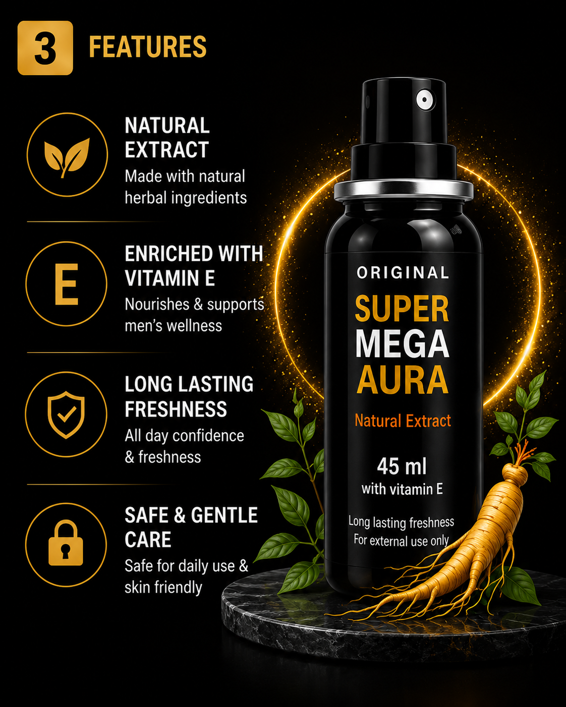 SUPER MEGA AURA Men's Wellness Spray – Natural Ginseng Extract (45ml)